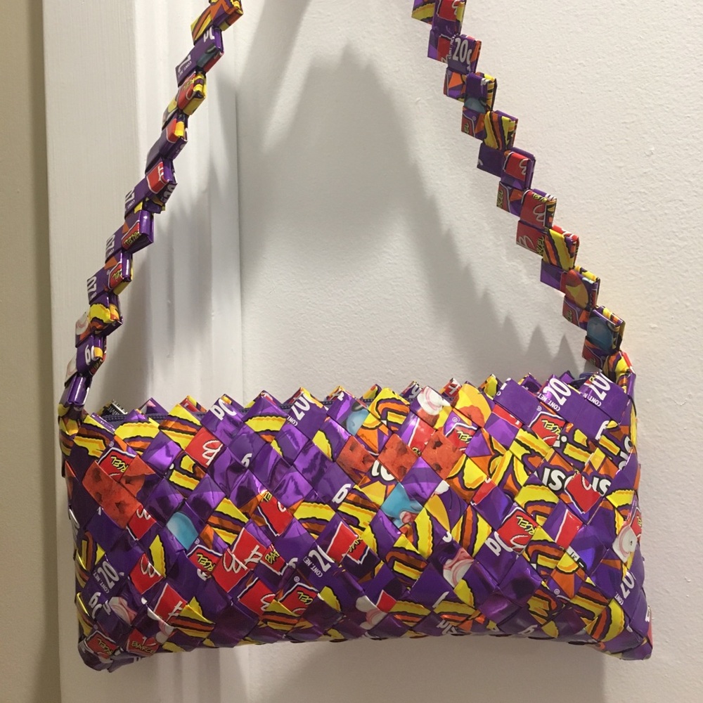 Handmade origami purse made from candy wrappers